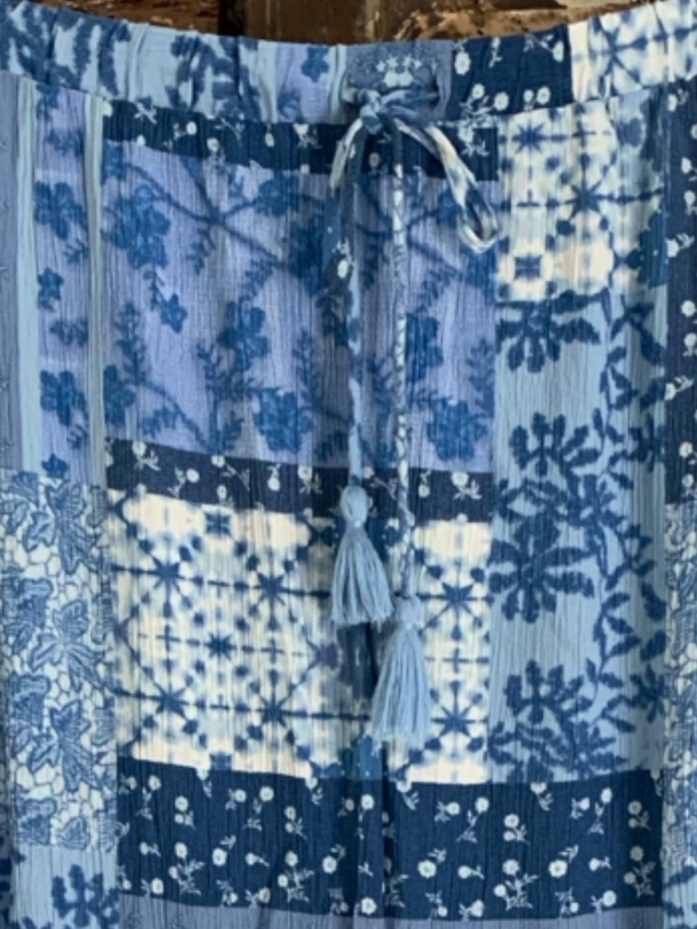 Frye Blue Patchwork Floral Boho Tiered Maxi Skirt Country Western Cottagecore, M - Picture 4 of 9